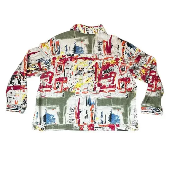 Units Woman Jacket 2X Abstract Print Button Front Long Sleeve Boxy Cotton Coat - Picture 2 of 15